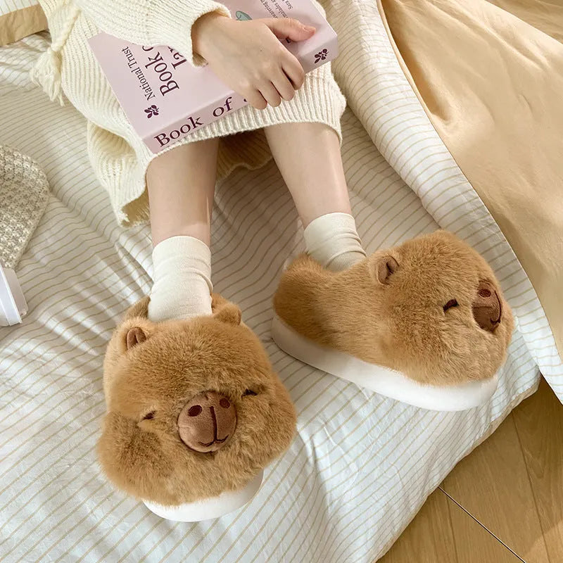 Light brown women's winter plush slippers with cartoon pattern and artificial wool lining