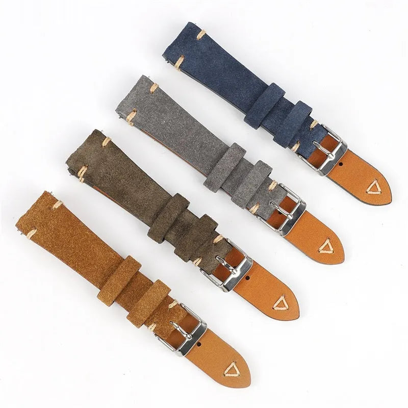 Genuine suede leather watch strap in Army Green colour showing textured surface and 22mm lug width.