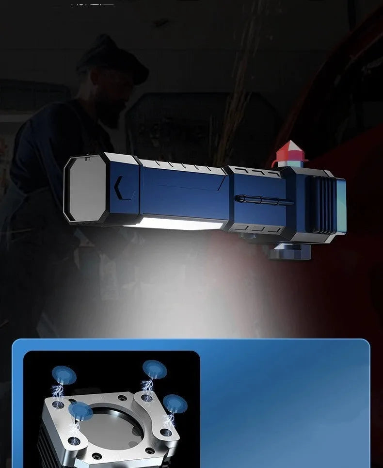 Silver portable flashlight with USB charging port, functioning as a power bank and LED work light.