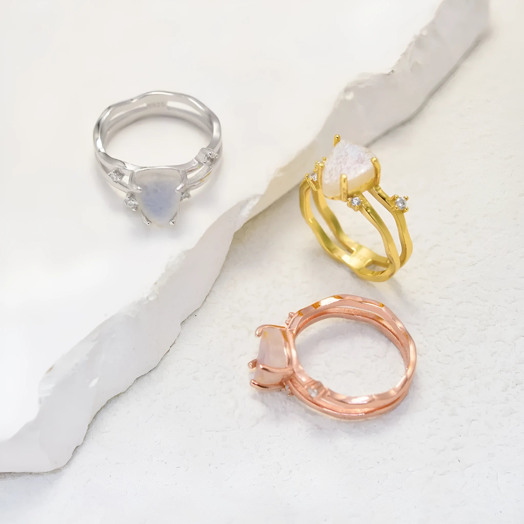 S925 sterling silver triangle moonstone ring with geometric design and electroplated gold finish options