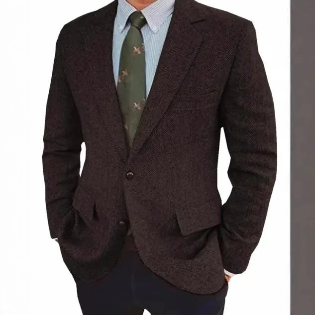 Men's brown herringbone pattern suit jacket with long sleeves and a retro business casual style.
