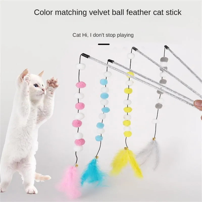 31cm long grey, yellow, and blue acrylic pompon cat teaser rod with feathers and a bell.