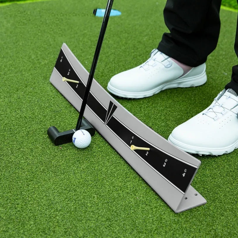 Adjustable golf putter balance simulator with PVC frame for stroke training.