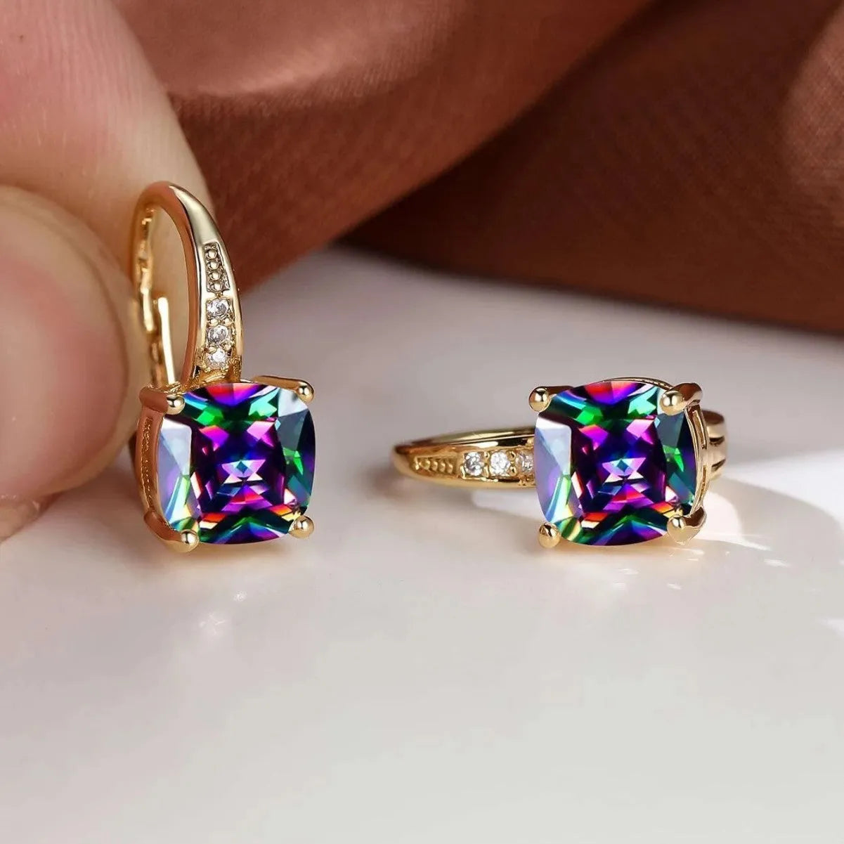 Geometric square ear clips with colourful moissanite inlays in electroplated copper
