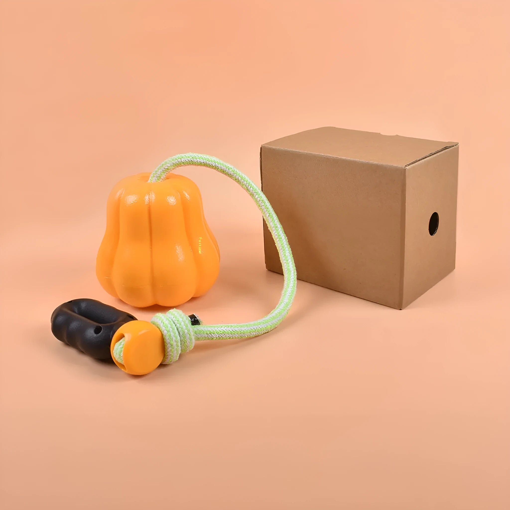 Pumpkin orange plastic dog chew toy with rope attachment for throwing games