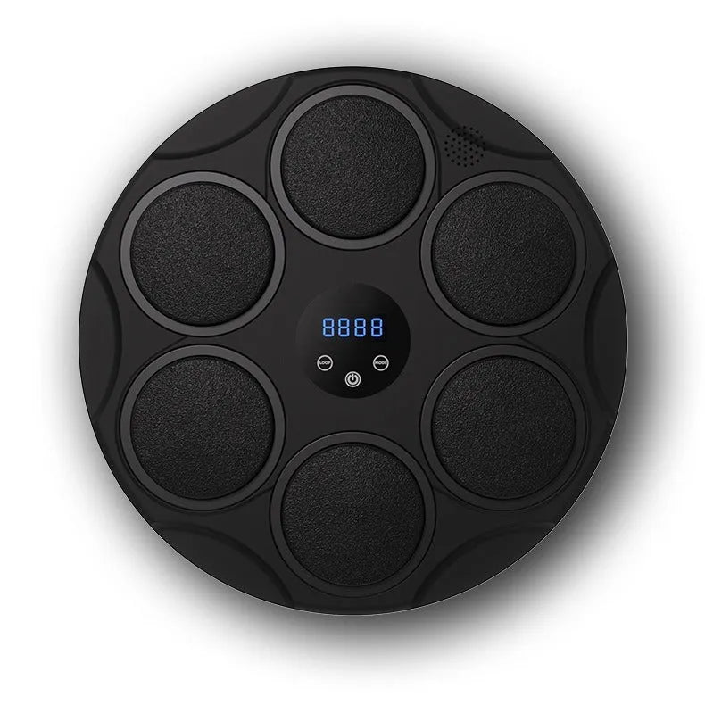 Black smart Bluetooth boxing target with coloured LED lights hanging on wall