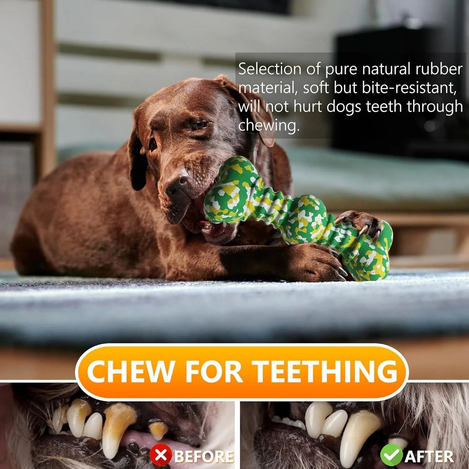 Natural rubber dog chew toy with camouflage pattern in green, white, and yellow colours