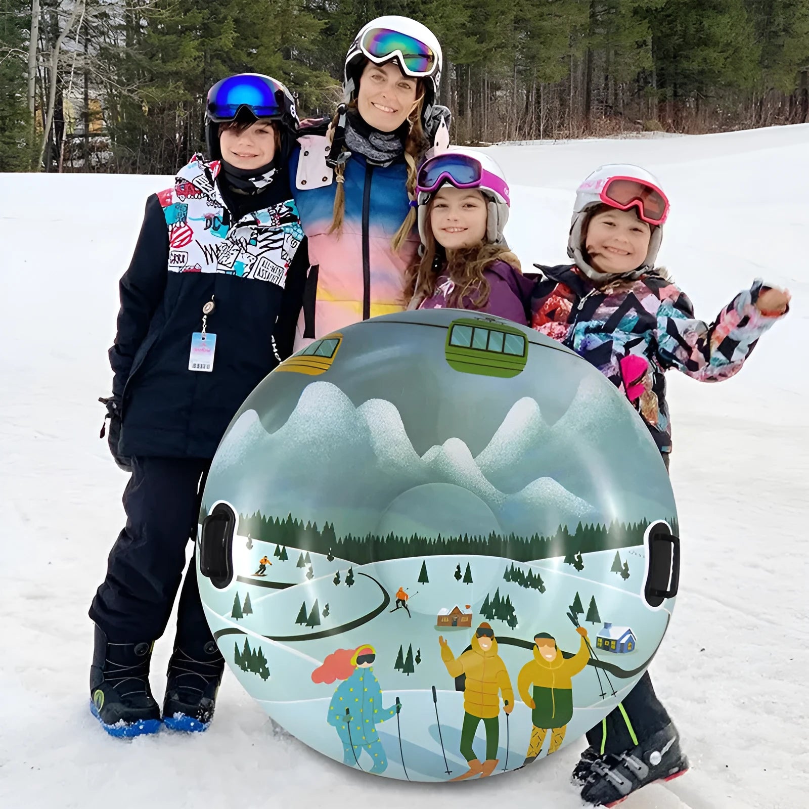 PVC winter ski ring toy in flame red, ice-snow blue, or snow mountain design for outdoor snow play