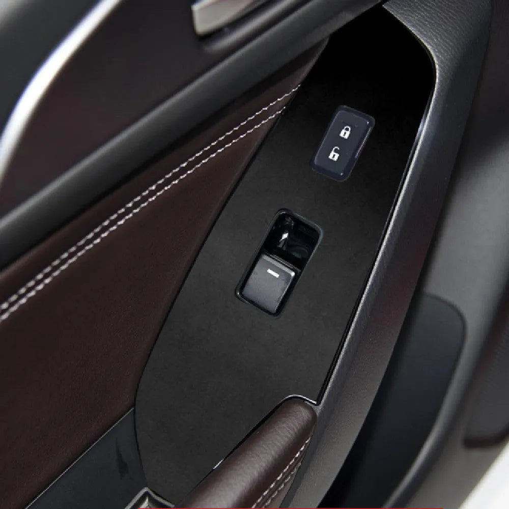 Set of four TPU protective films for car door control panel, shown in transparent, matte black, and carbon fibre black finishes.