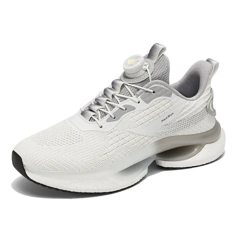 Men's white running shoes with rotating button closure and breathable mesh upper in low-top Korean style design