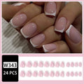 Twenty-four white plaid pattern fake nails with square tips arranged on a surface.