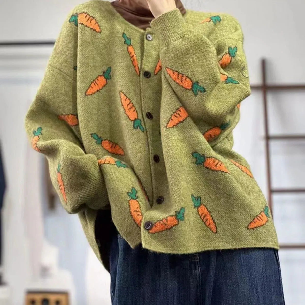 Mori artistic printing cardigan sweater with colour contrast pattern, loose casual cut