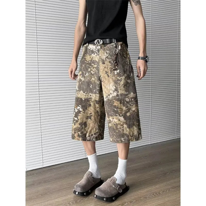 Yellow snake pattern camouflage cropped jeans with cotton denim construction