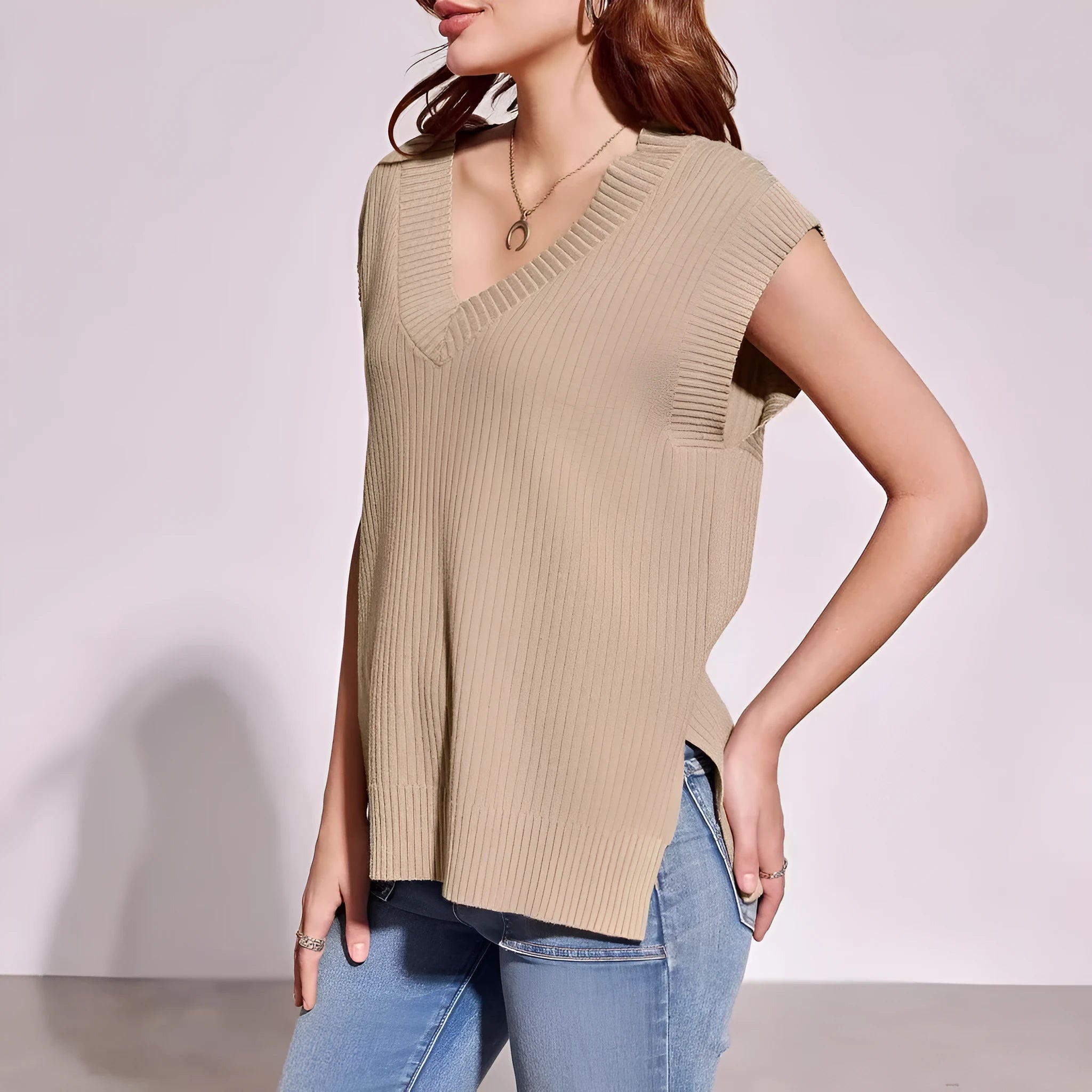 Women's striped V-neck sleeveless vest in camel colour with loose fit