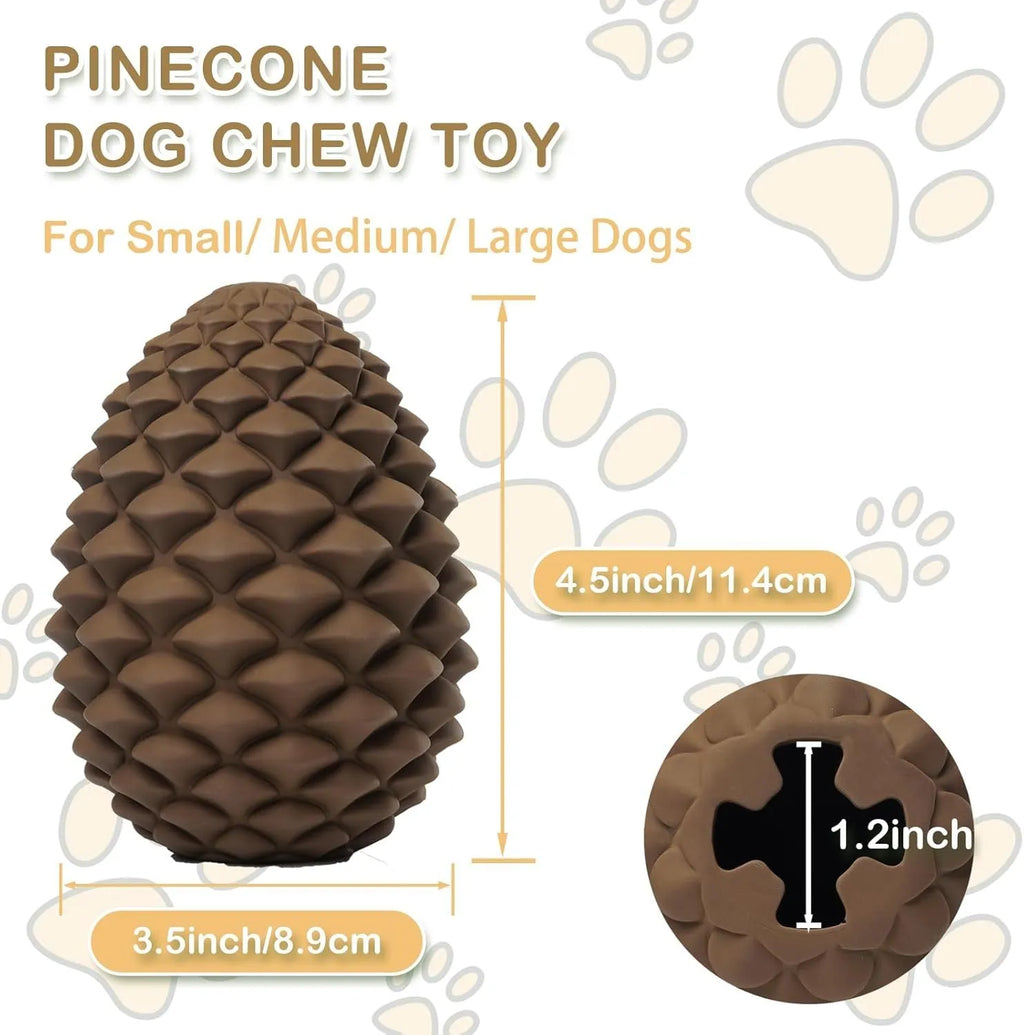Yellow pine cone shaped dog chew toy with treat dispenser on textured surface