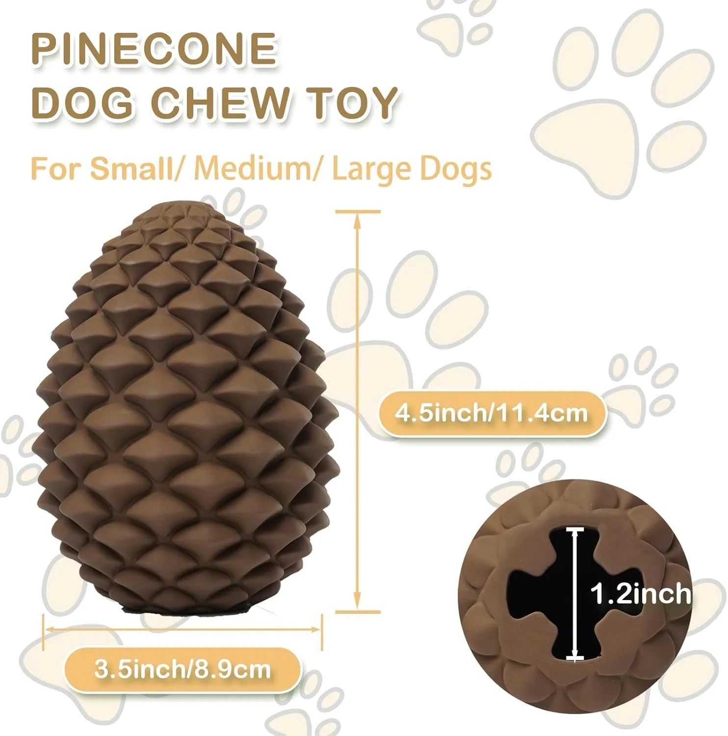 Yellow pine cone shaped dog chew toy with treat dispenser on textured surface