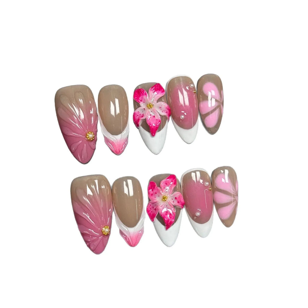Set of plastic French style lily ice flower almond shaped nail armour capsules in XS, S, M, L sizes.
