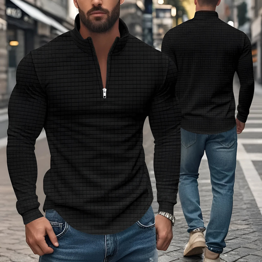Half zip plaid pullover sweater with stand collar and long sleeves in white, black, wine red, army green, khaki or grey.