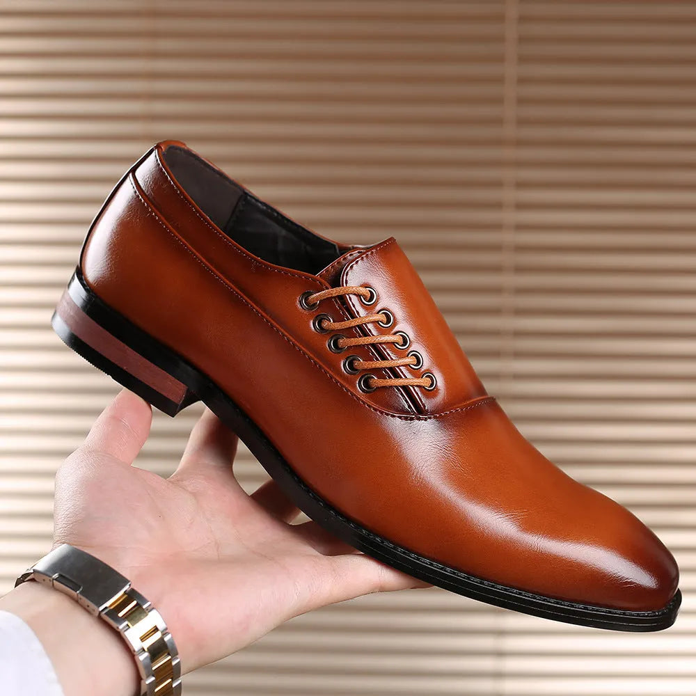 Men's plus size business formal shoes in black, wine red or yellow with breathable artificial PU upper, sizes 38 to 48
