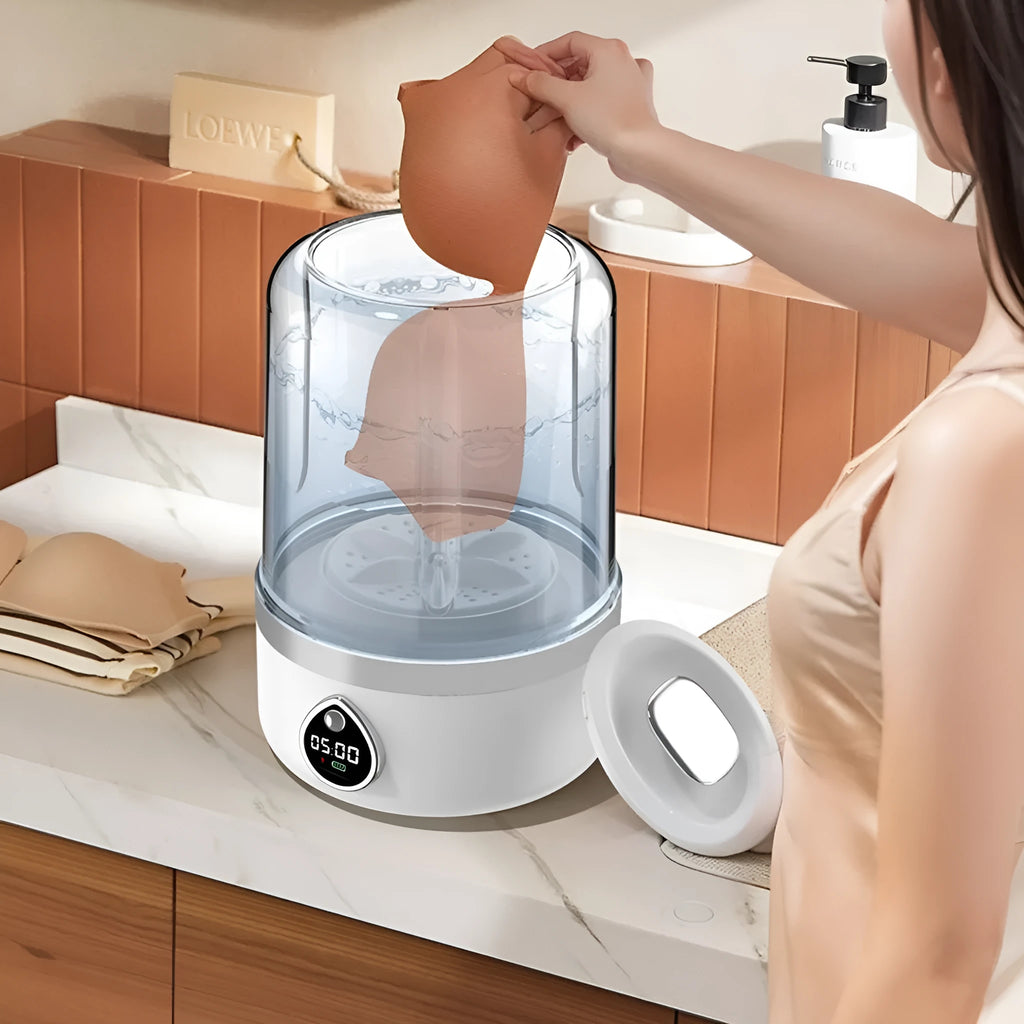 White portable mini washing machine with USB charging port and compact dimensions