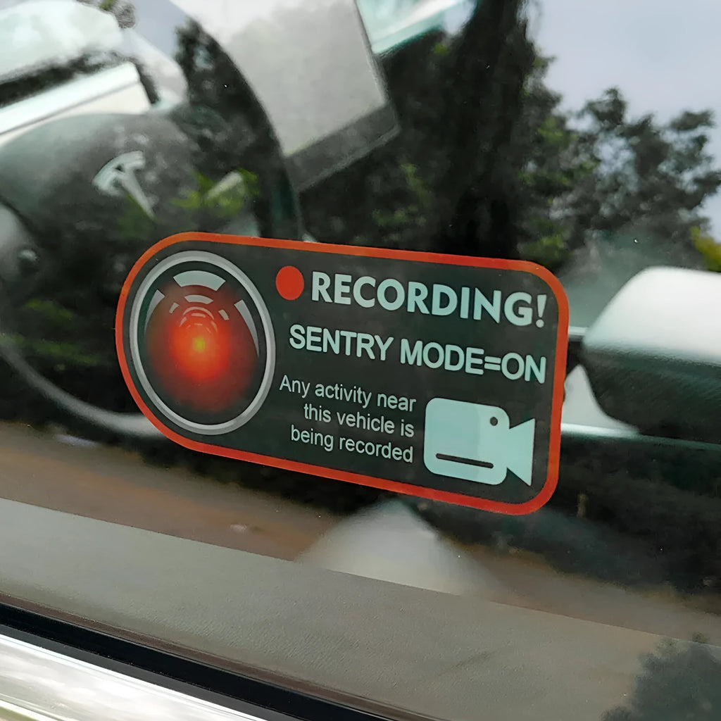 Tesla sentry mode electrostatic warning sticker pair measuring 11x5cm for Model 3 Y S X vehicles