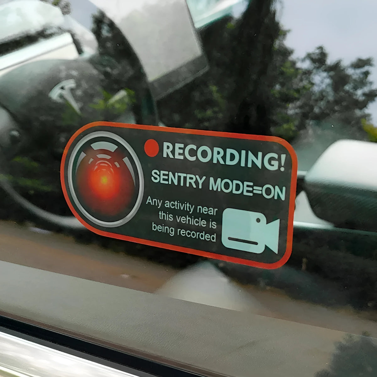 Tesla sentry mode electrostatic warning sticker pair measuring 11x5cm for Model 3 Y S X vehicles