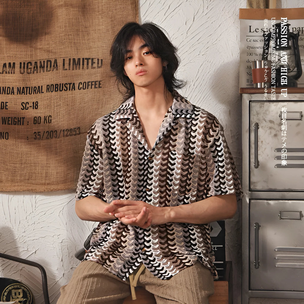 Grey Japanese style men's short sleeve shirt with a Cuban collar and jacquard pattern.