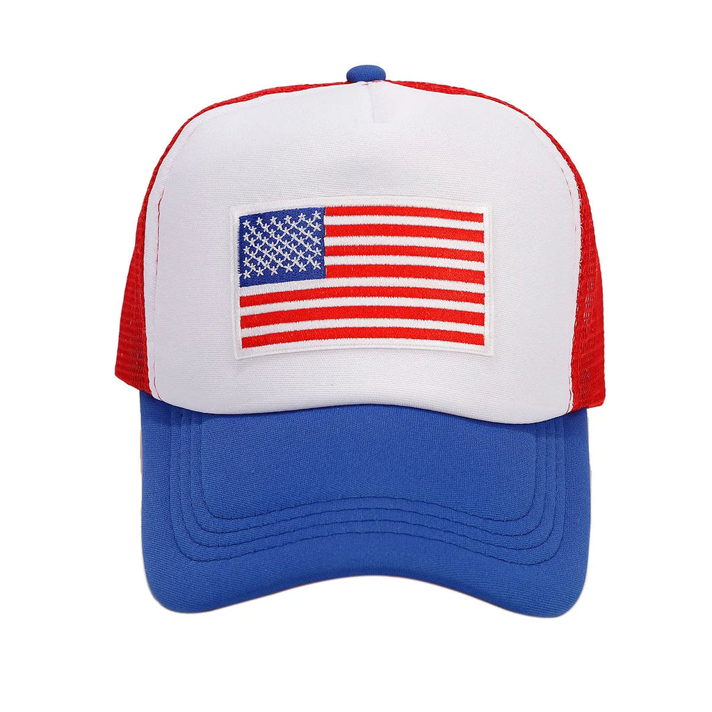 Red and blue contrast adjustable baseball cap with breathable mesh fabric.