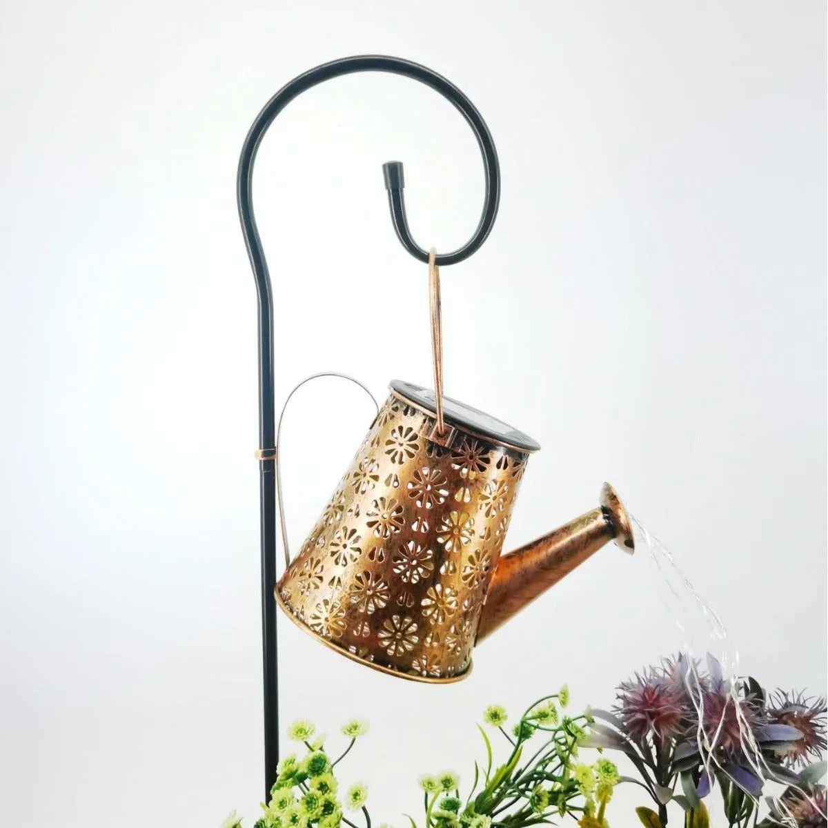 Solar-powered butterfly kettle decorative light with wrought iron construction for outdoor courtyard placement