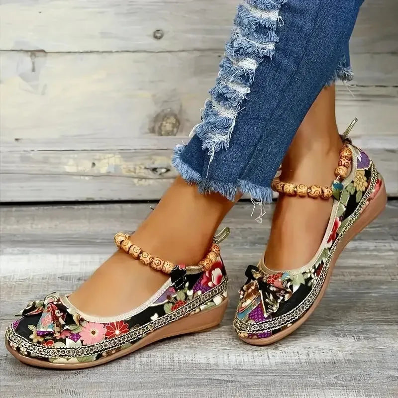 Women's black plus size ethnic platform sandals with cloth upper and elastic strap