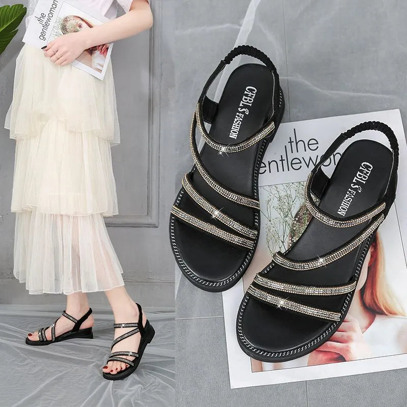 Korean-style women's flat sandals with sequin decoration in gold or silver with round toe and elastic band