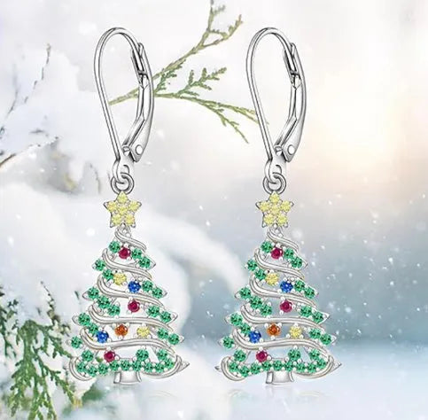 Christmas tree design earrings with star elements in white gold colour for women