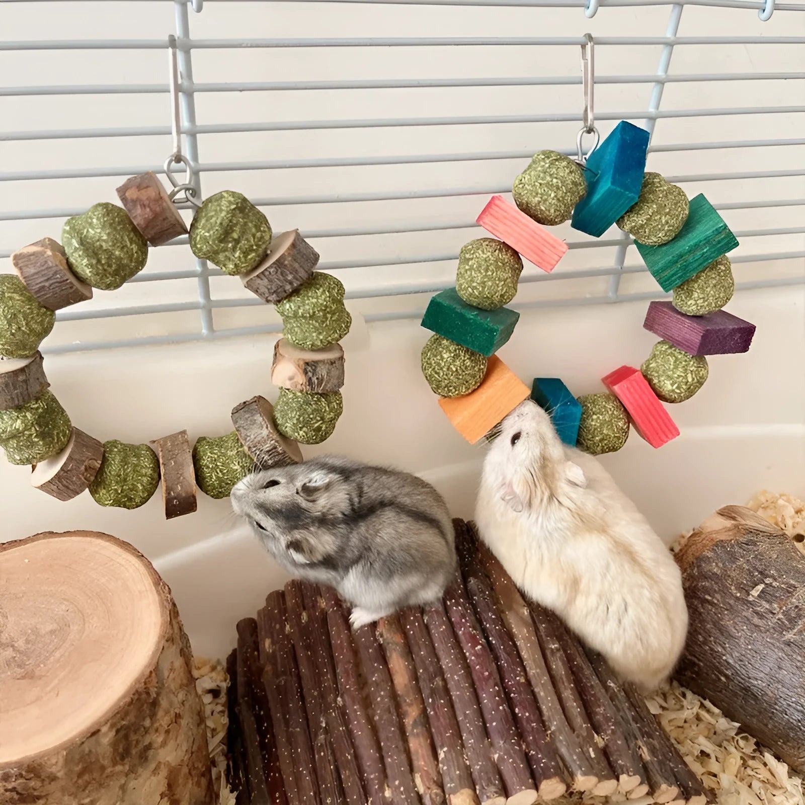 Hamster toy with Applewood molar chew rod and decorative straw ball ring for small pets