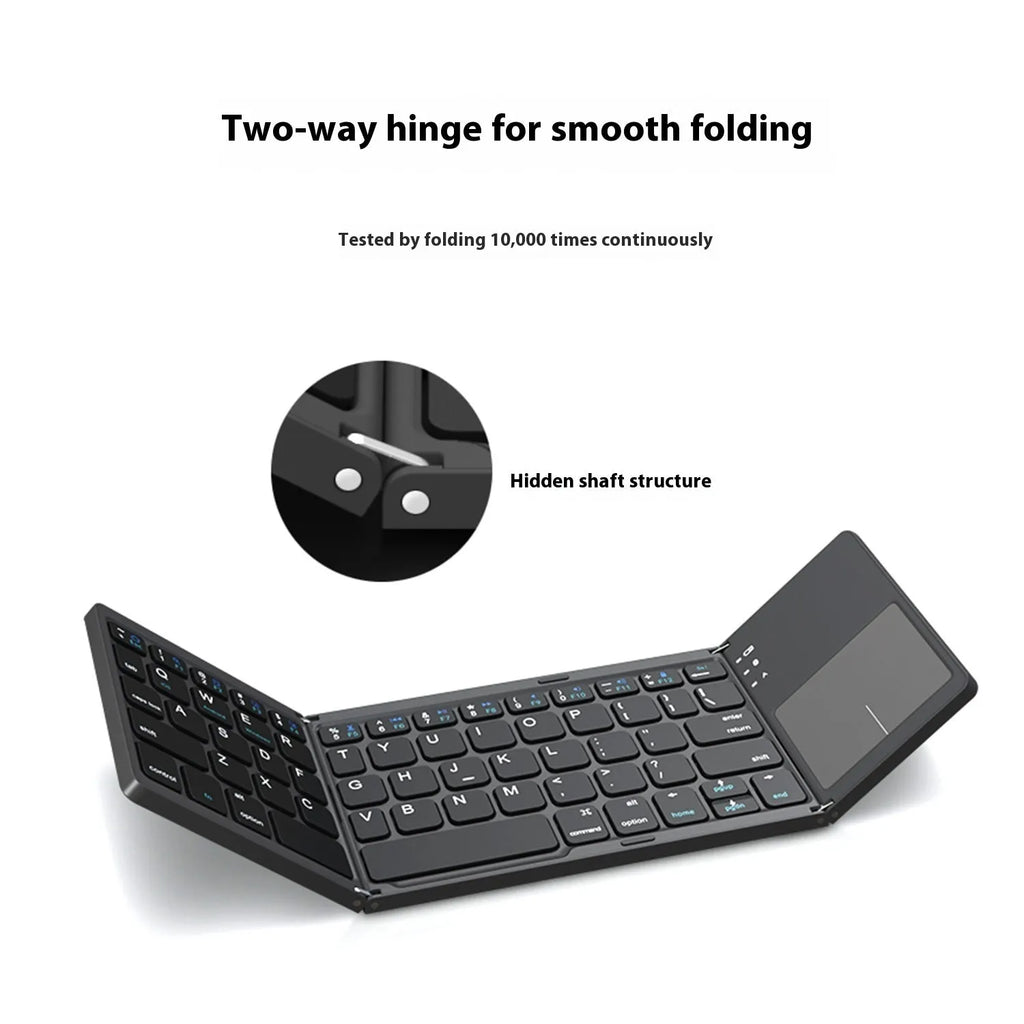 Tri-fold Bluetooth keyboard shown open for typing and folded for travel