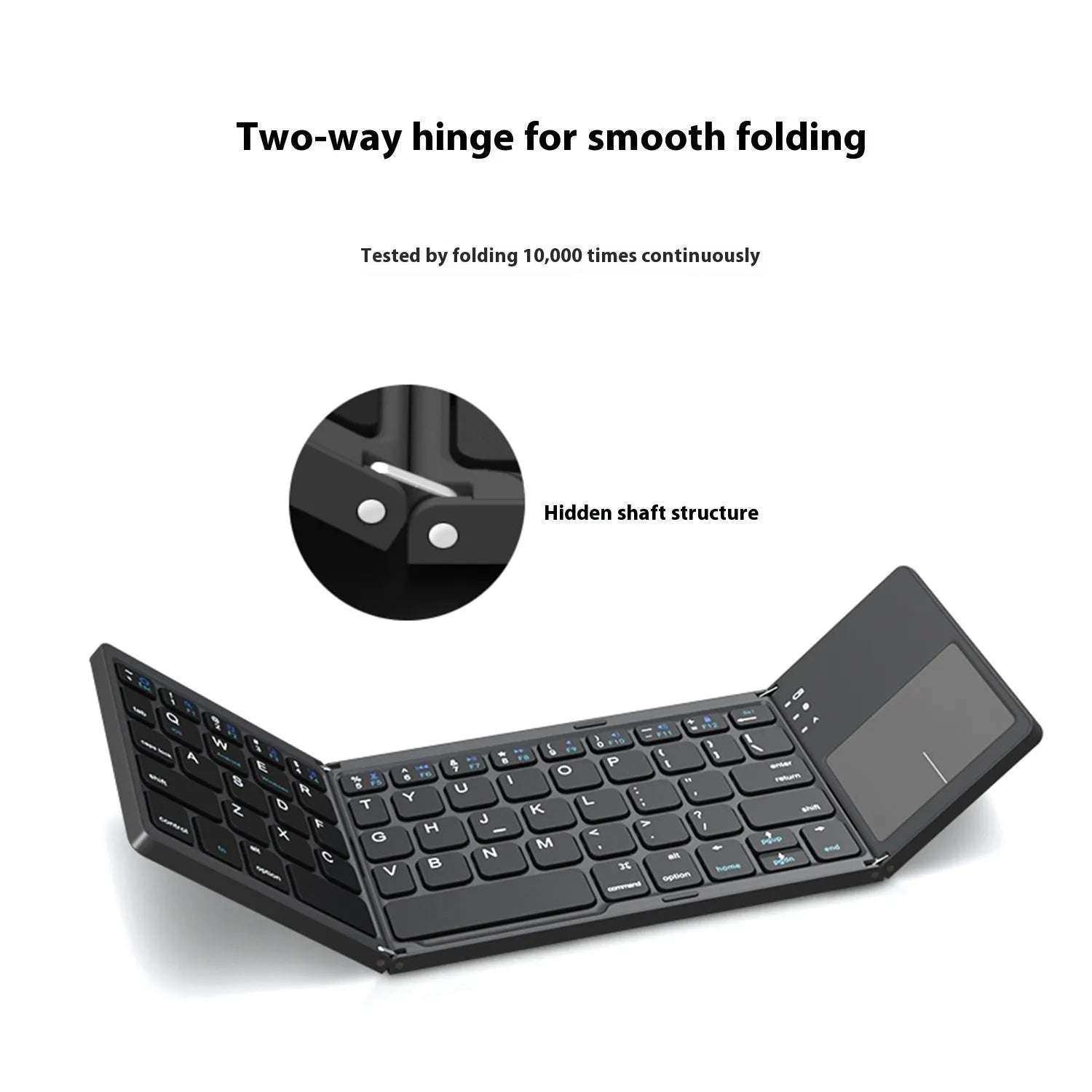 Tri-fold Bluetooth keyboard shown open for typing and folded for travel