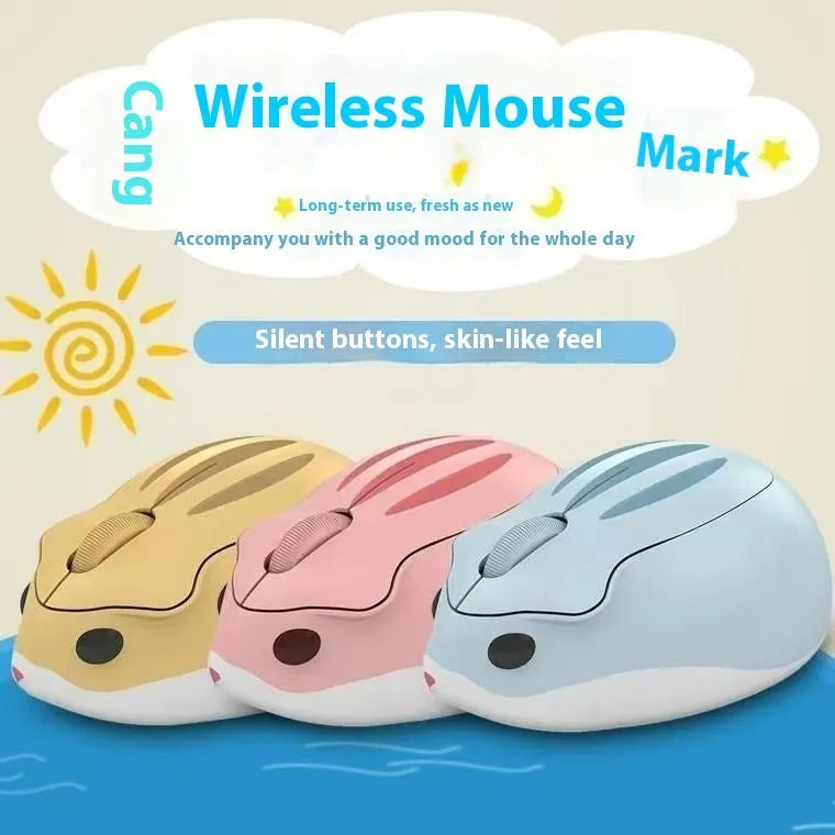 Hamster wireless mute mouse in grey, pink, and yellow colours showing compact Bluetooth design