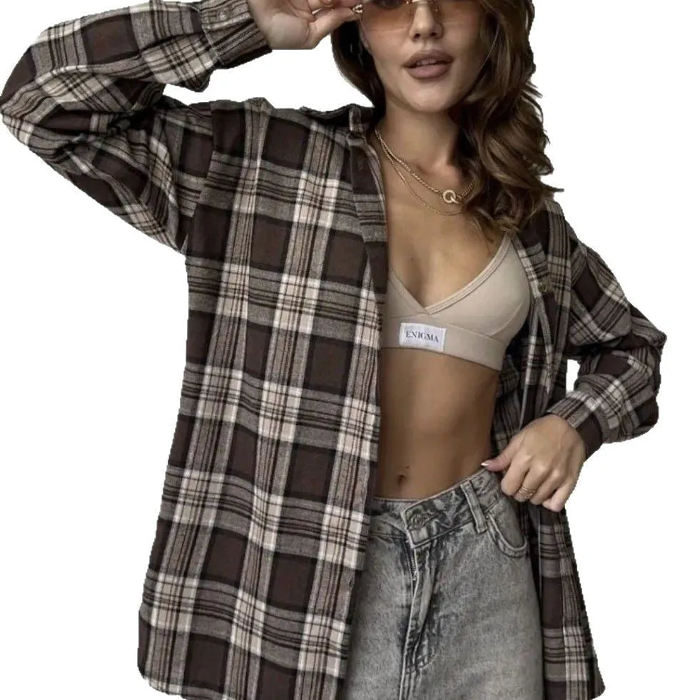 Dark brown women's retro striped long sleeve cotton shirt shown with and without a chest pocket.