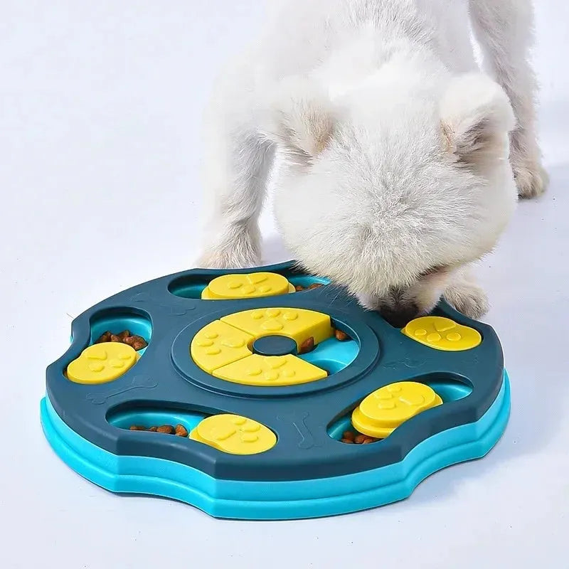 Blue and pink dog puzzle toy feeding bowl for aggressive chewers with treat compartments