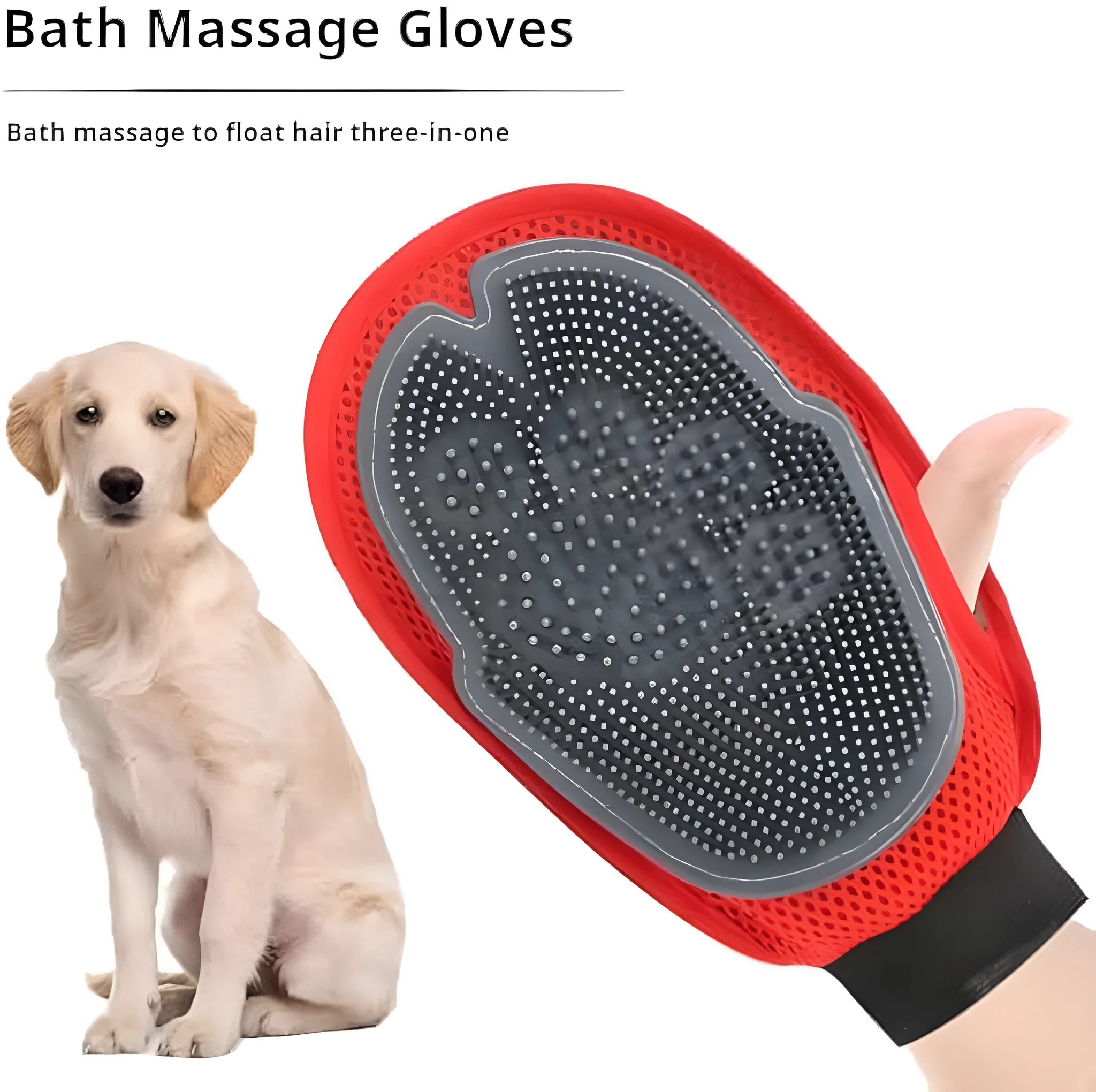 Red pet bathing glove with silicone massage nubs and adjustable elastic cuff for dog and cat grooming