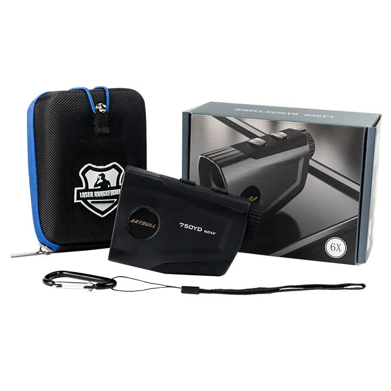 Golf laser rangefinder with LCD display showing distance measurement, featuring USB Type-C charging port
