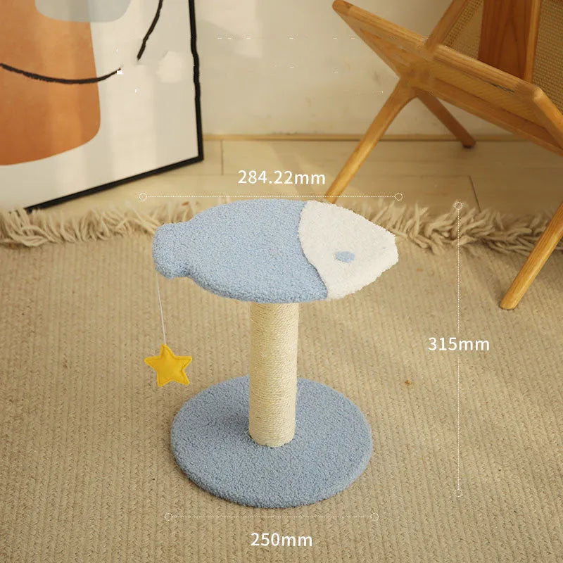 Small cat climbing frame with sisal scratching post, skin-friendly fabric, hi-play device, and sisal scratching board