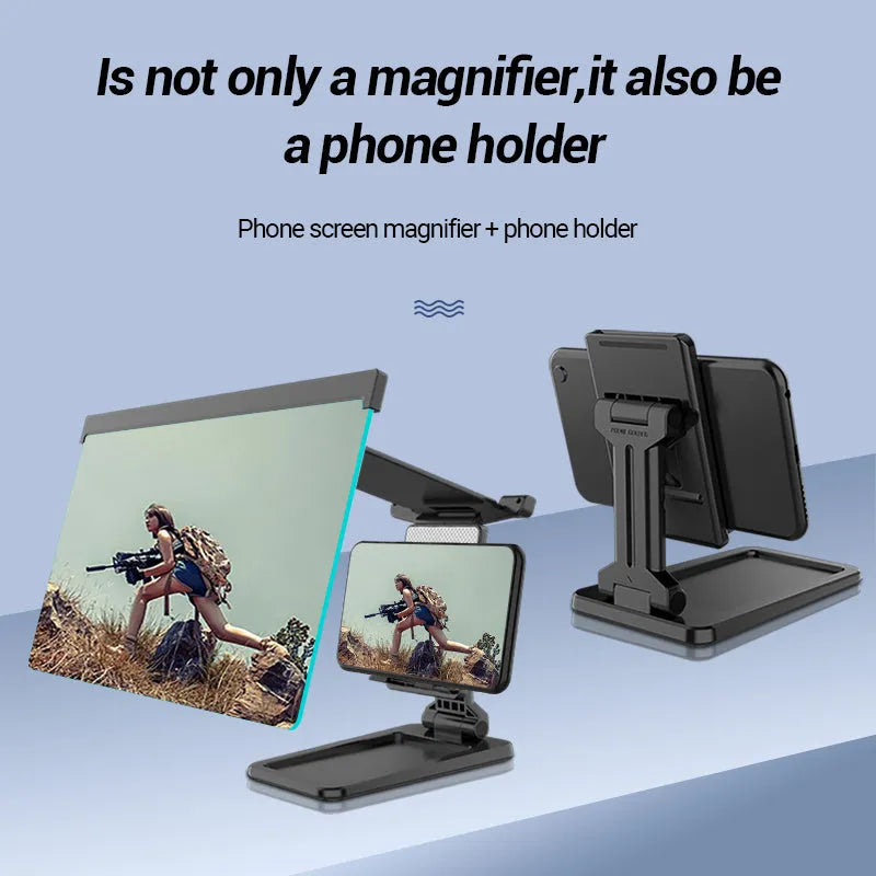 Black folding mobile phone screen amplifier and adjustable holder on a desktop, magnifying a smartphone display.