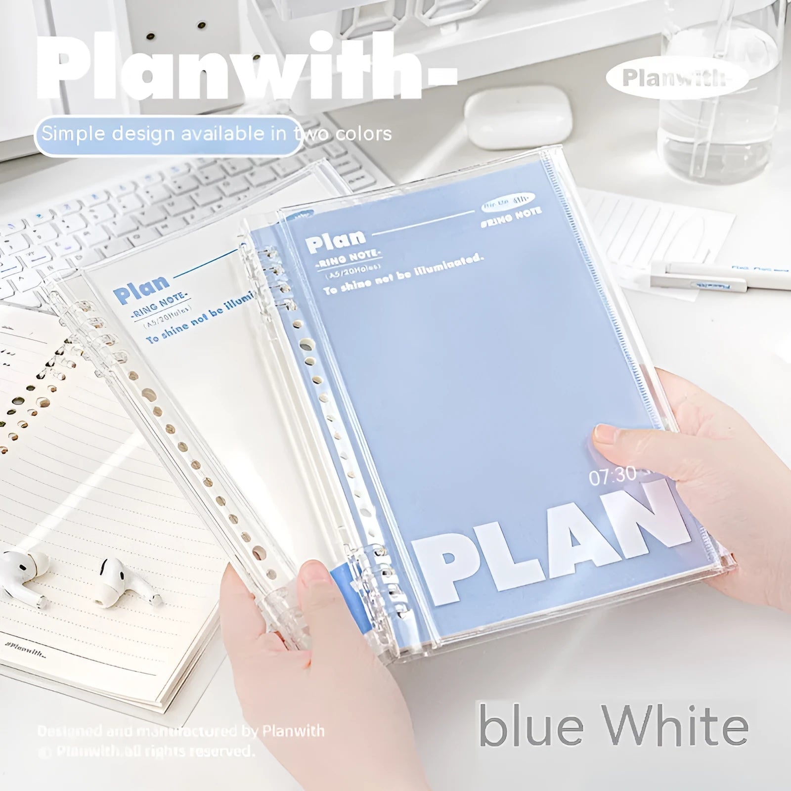 White and blue A5 PVC plastic covers for spiral-bound notebooks