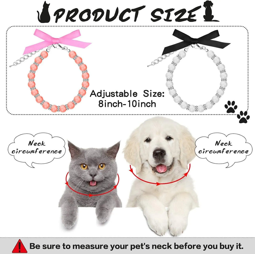 Small dog wearing adjustable pearl and rhinestone necklace with ribbon bow in pink colour