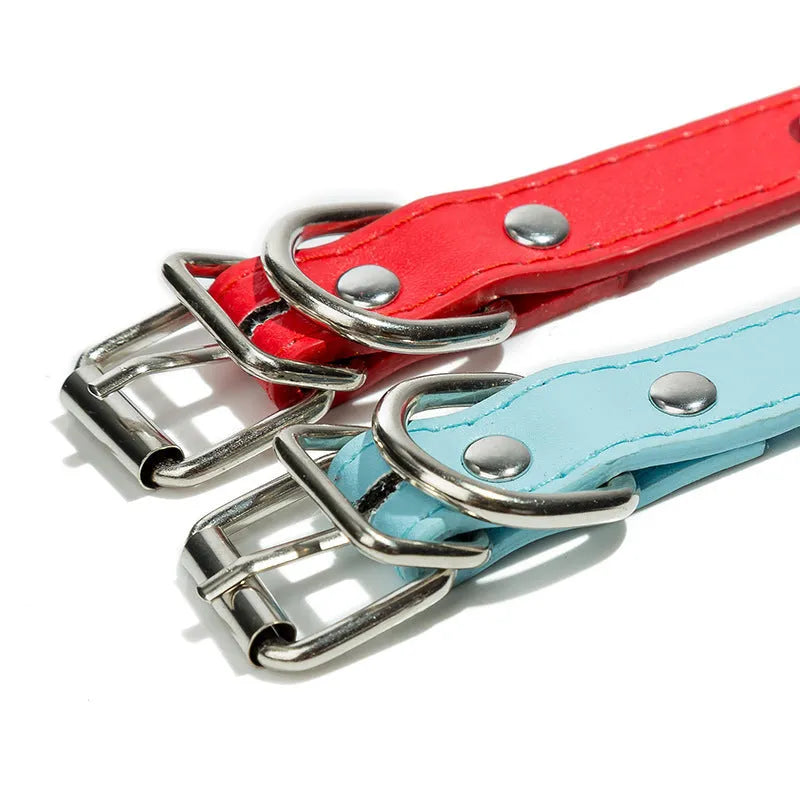 Spiked protective dog collar made of thickened PU leather with metal studs and alloy fastener in multiple colours