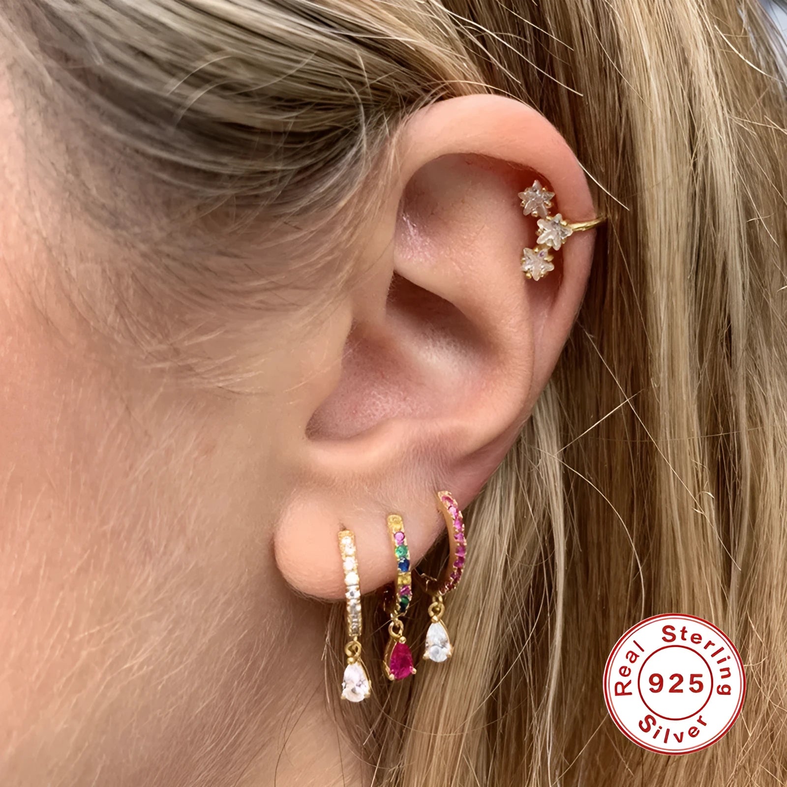 Sterling silver geometric water drop earrings with crystal decorations in gold or silver finish