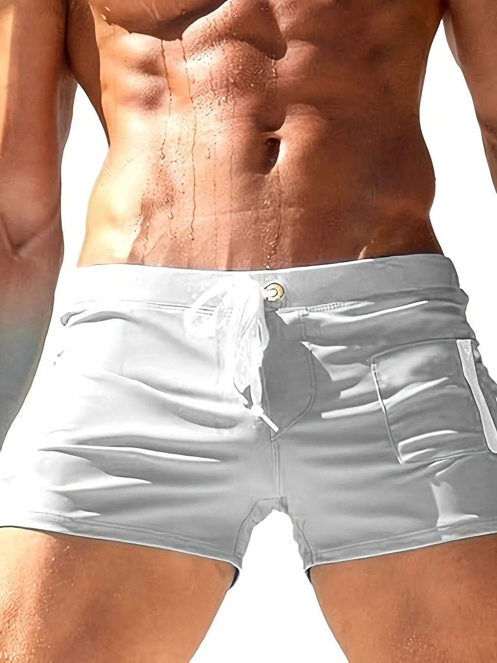 Men's black polyester swimming trunks with high waist lace-up design for swimming and fitness activities