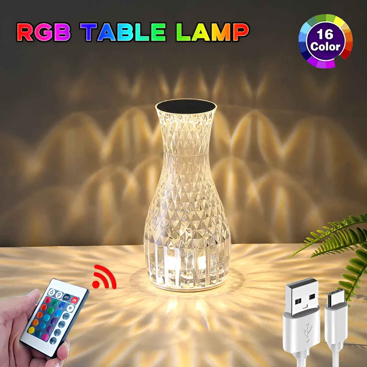 Transparent crystal vase shaped LED table lamp with remote control on a wooden bedside table.