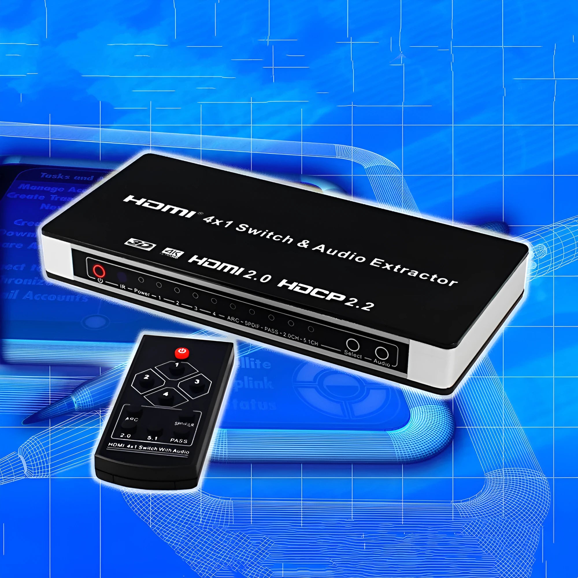 Black HDMI audio extractor switch with 4 inputs 1 output and remote control