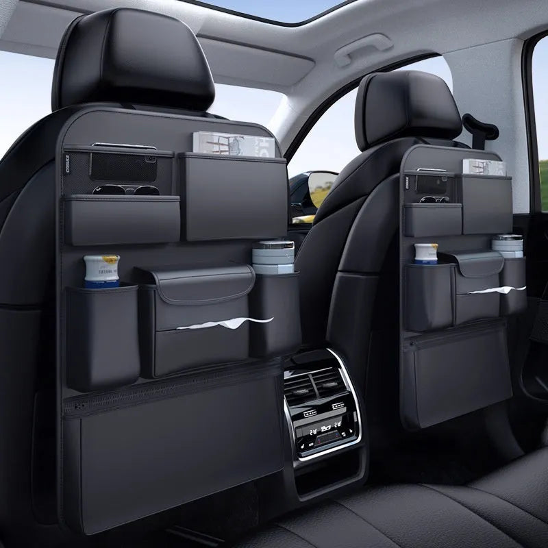 Black leather car seat back storage hanging bag with handle shown in large and small size options